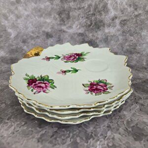 Set of 4 Snack or Luncheon Plates Pink Rose Pattern Gold Accents Vintage